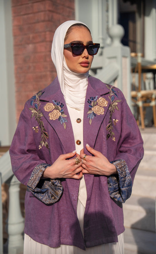 Burgundy linen blazer with embroidery. (Blazer only) C:1090