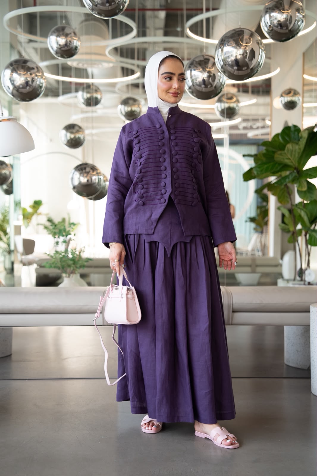 Shirt and skirt set, linen in purple. C:1108