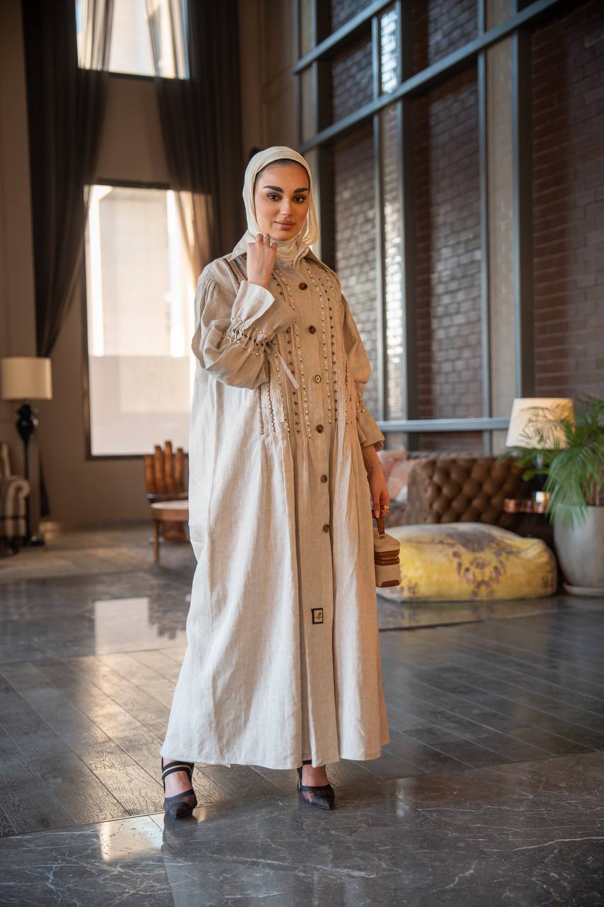 Linen abaya in beige with hand embroidery C:J1023 Beige