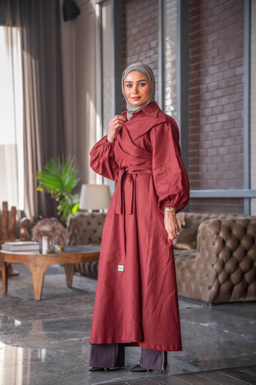 فستان بخام لينن باللون العنابي C:J1027 Burgundy
