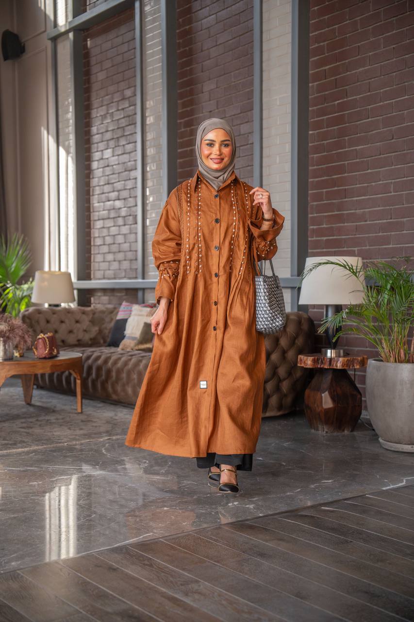 Camel linen dress with hand embroidery C:J1023 Brown