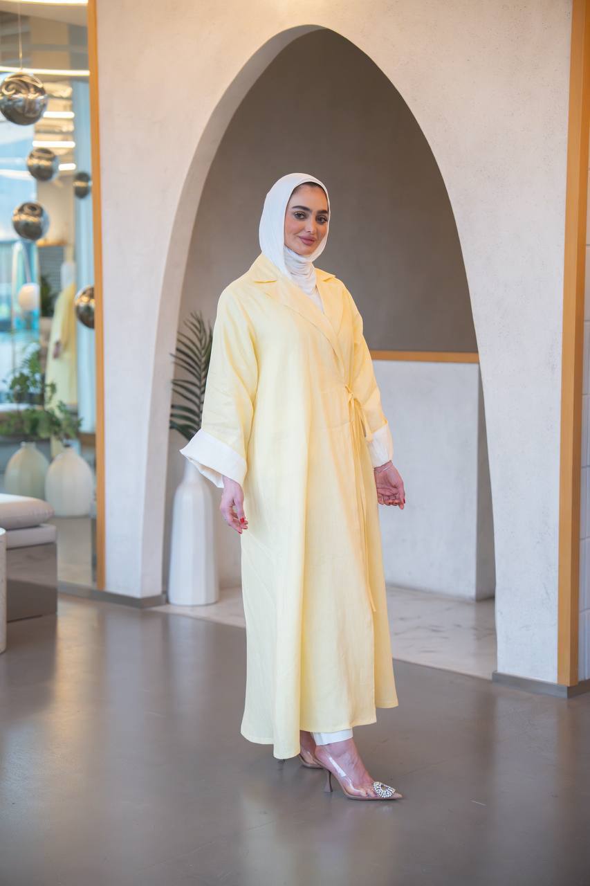 بليزر باللون الاصفر مع طقم داخلي بلوزة حفر و بنطلون ، بخام لينن الطبيعي C:J1037 yellow set