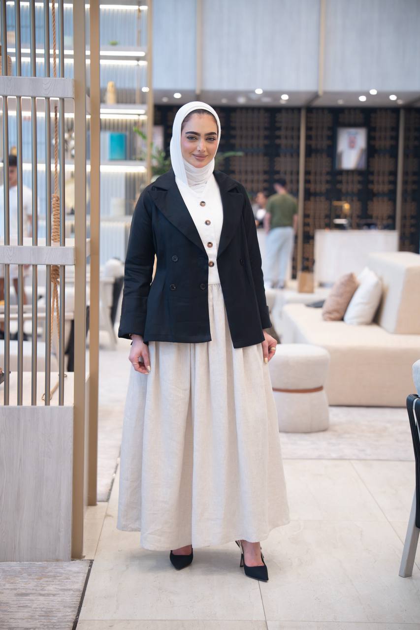 black dress beige blazer Black Dress and Beige Blazer