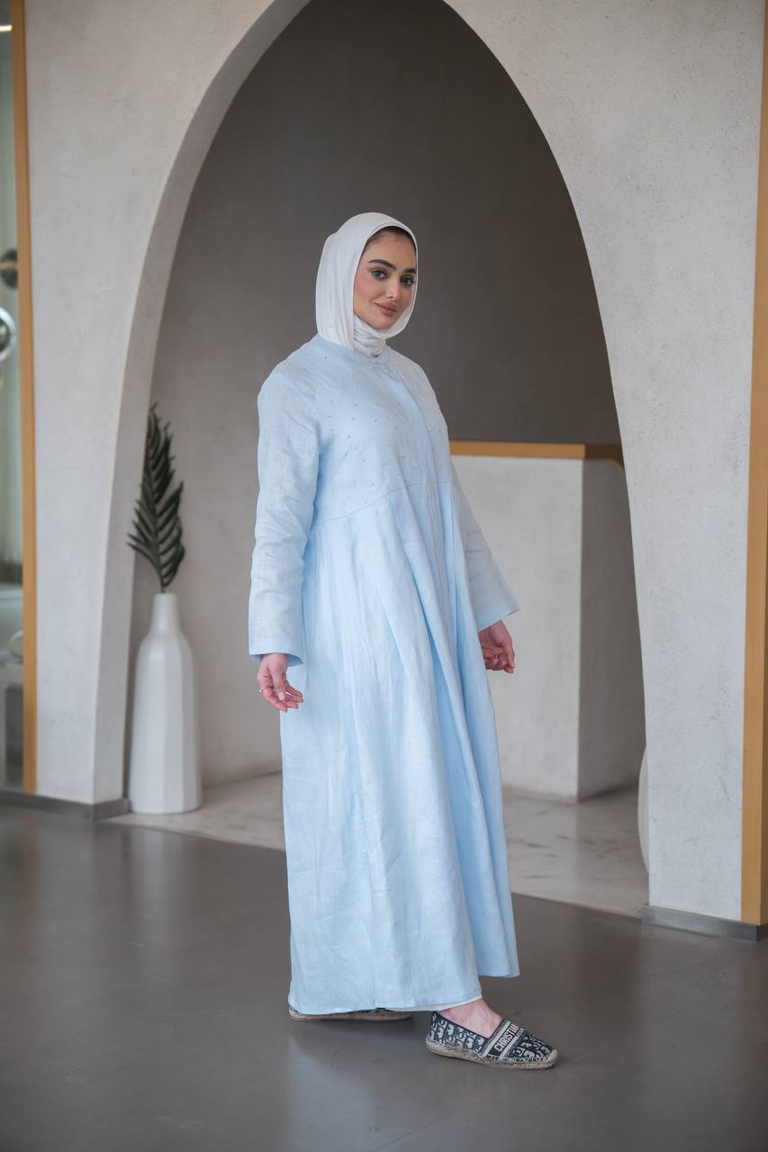 فستان لينن باللون ازرق فاتح مع شك يدوي C:J1039 Blue