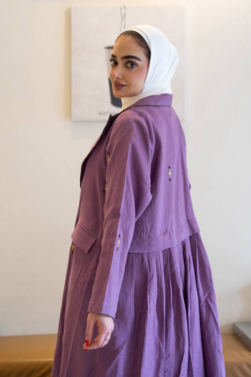 Purple linen trench coat with hand-stitched detailing.C:1096