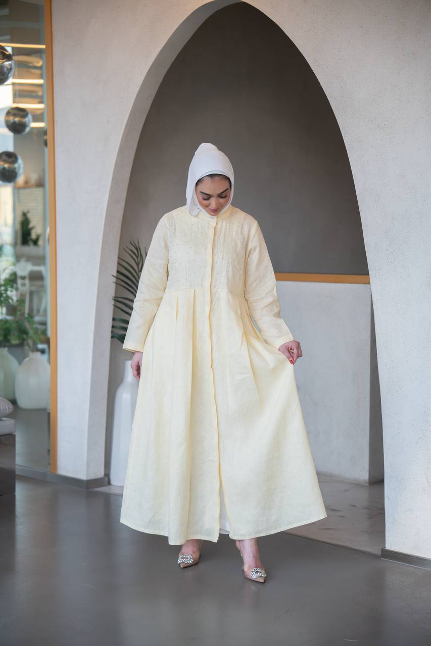 Distinctive butter yellow linen dress C:J1039 Yellow