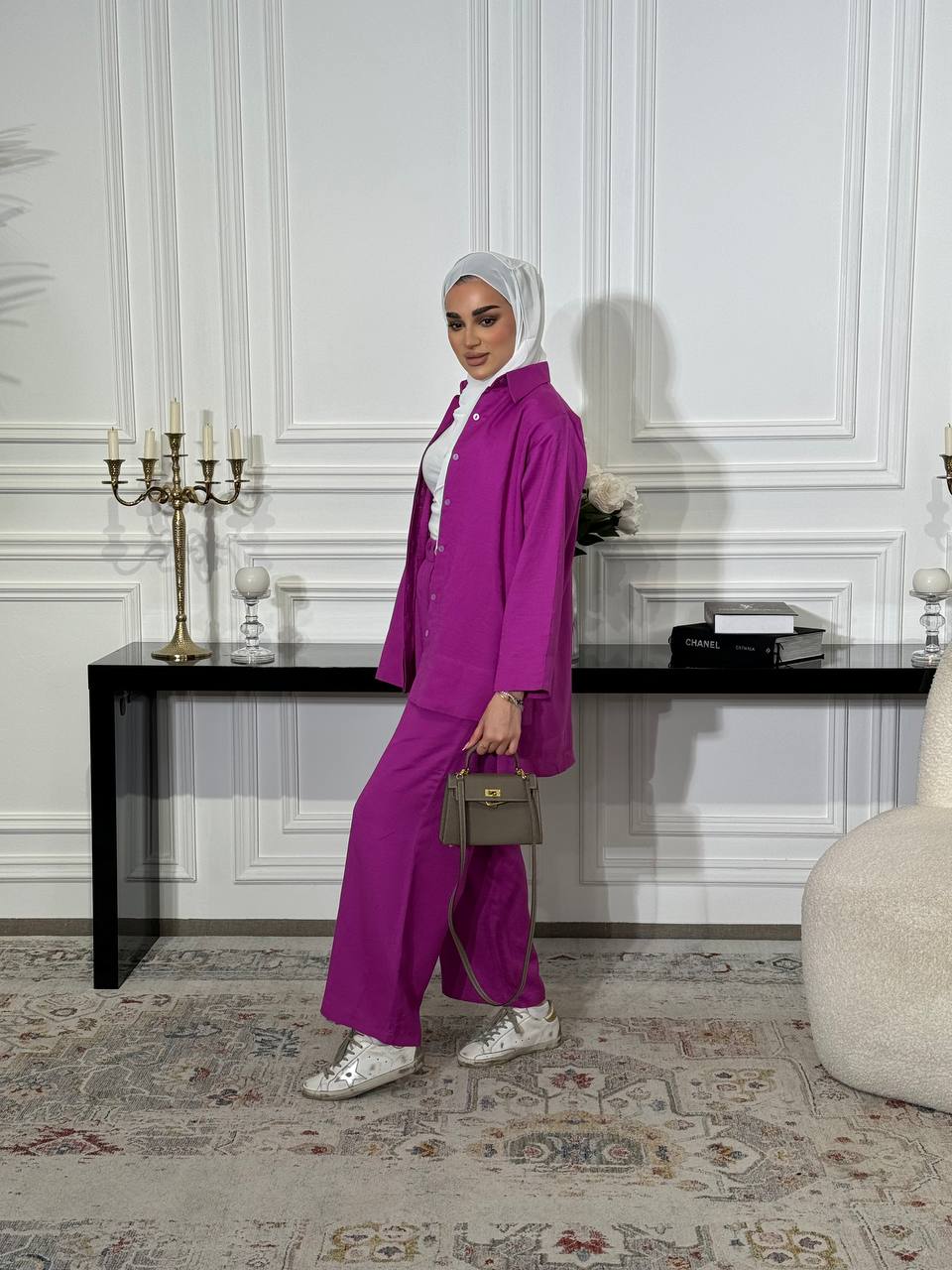 Natural linen set consisting of a shirt and pants in pink C:J6502 Pink