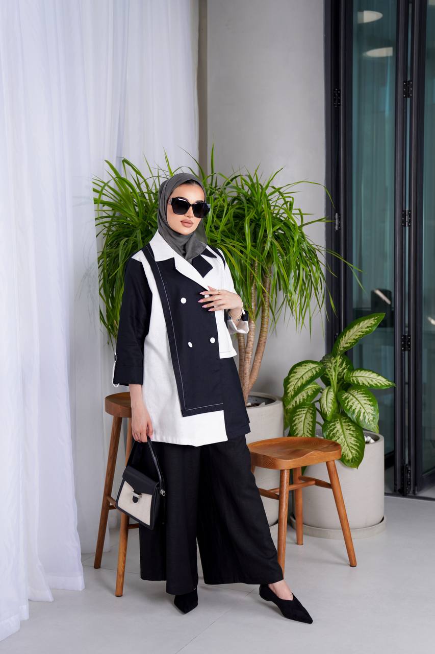 Linen set consisting of a blazer and pants in black and white C:J1010