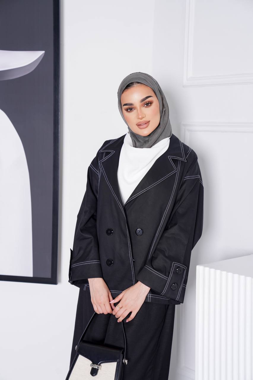 Blazer and pants set, black trench coat fabric C:J1013
