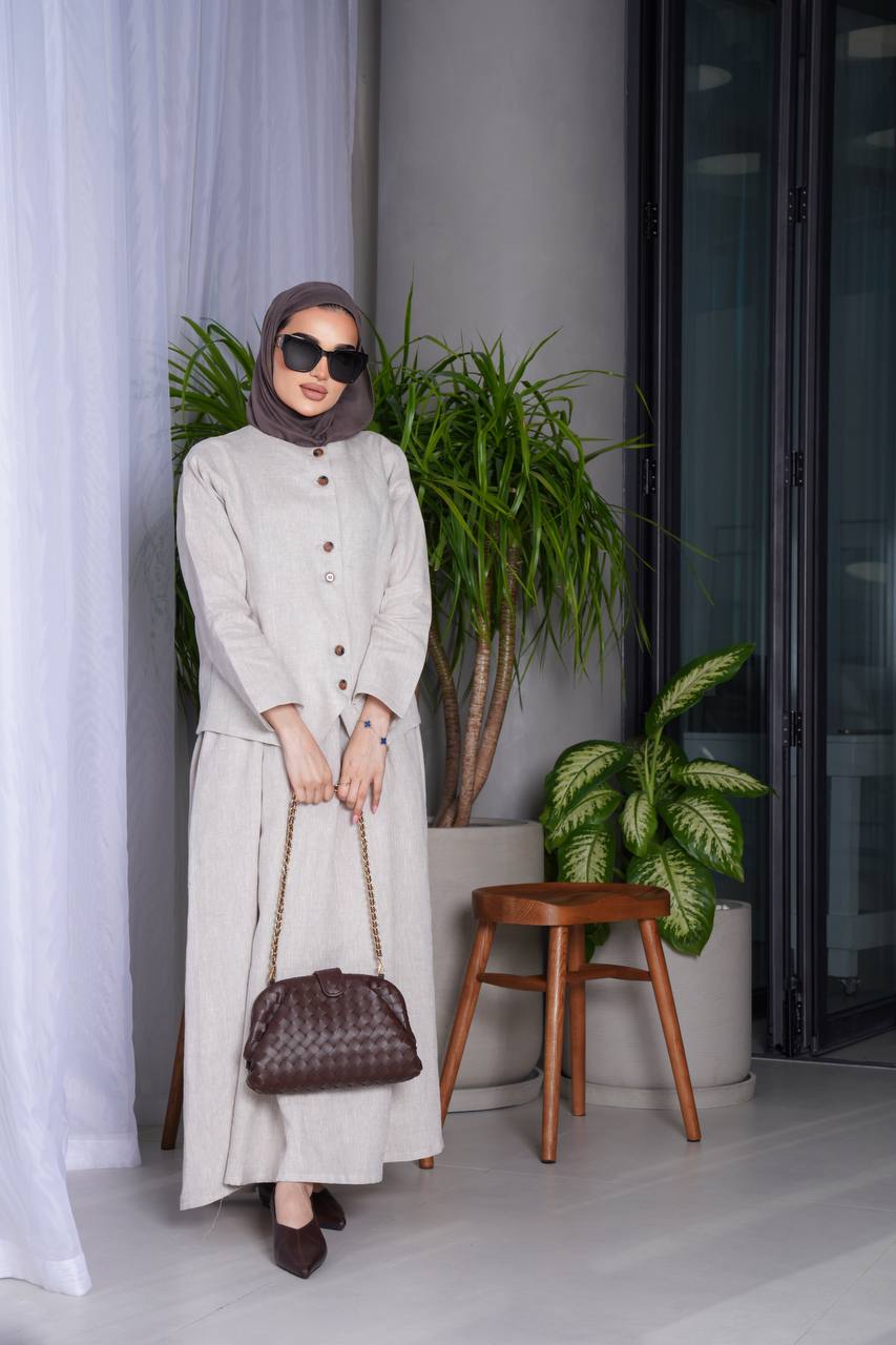طقم مكون من فيست مع فستان لينن باللون البيج C:J1015 Beige