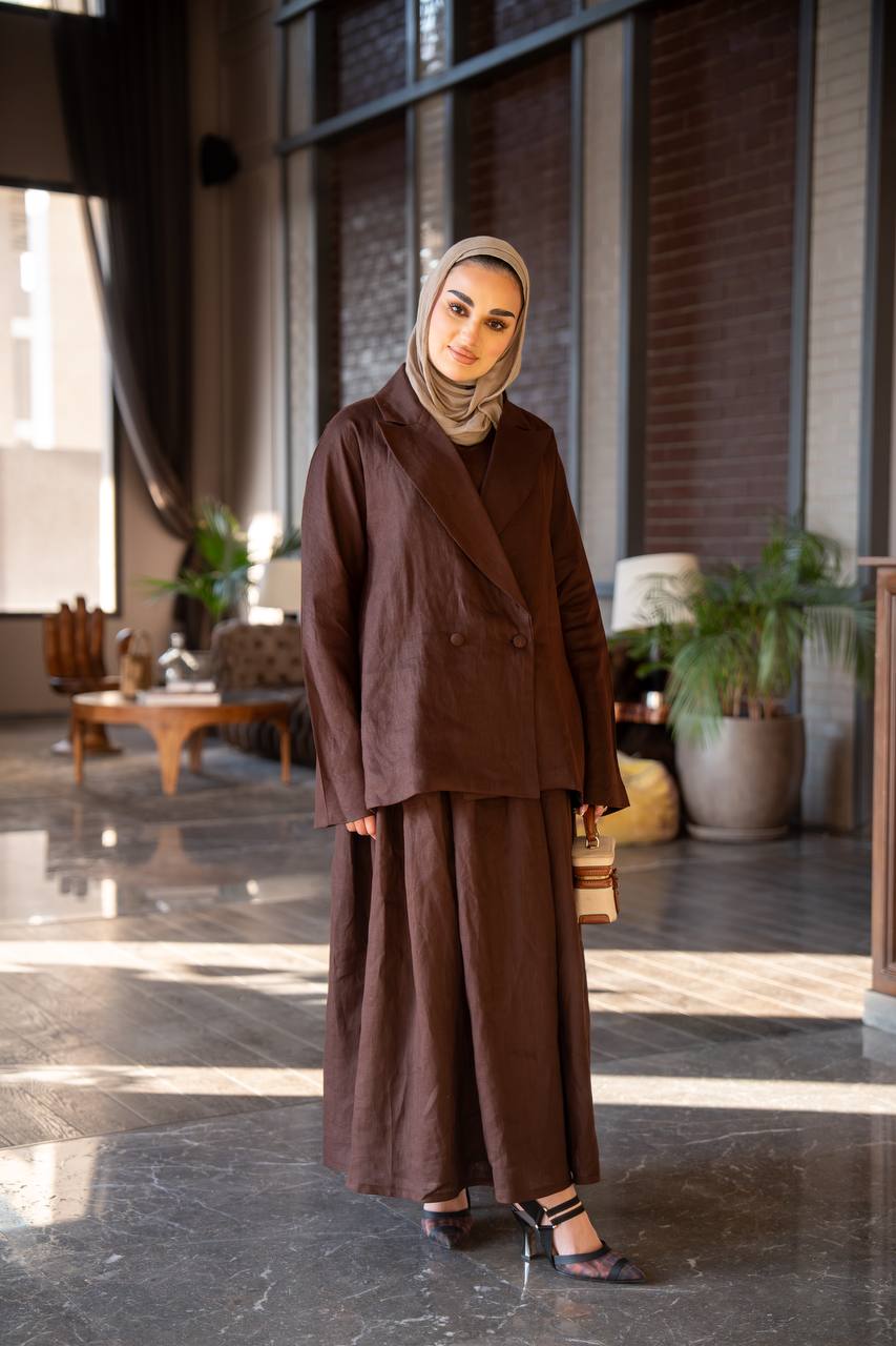 طقم بليزر و فستان لينن باللون البني C:J1024