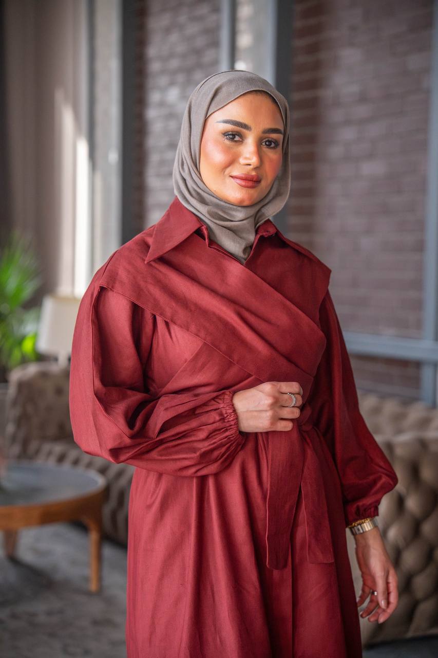 فستان بخام لينن باللون العنابي C:J1027 Burgundy