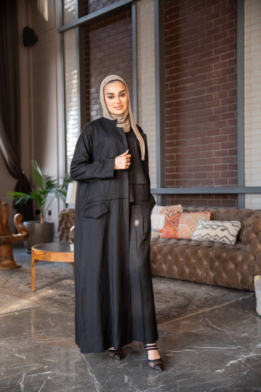 Black vest and inner set, made of natural linen C:J1021 Black set