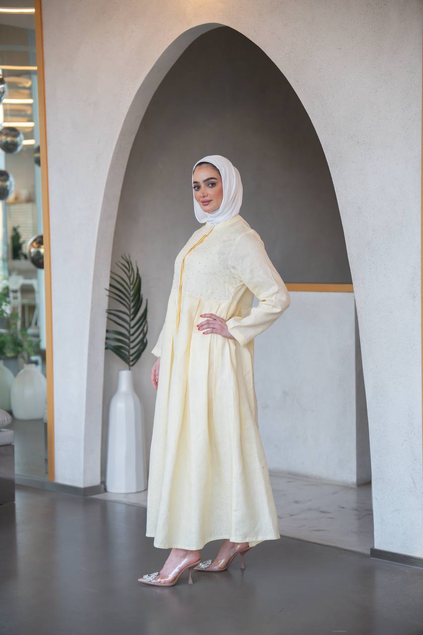 Distinctive butter yellow linen dress C:J1039 Yellow