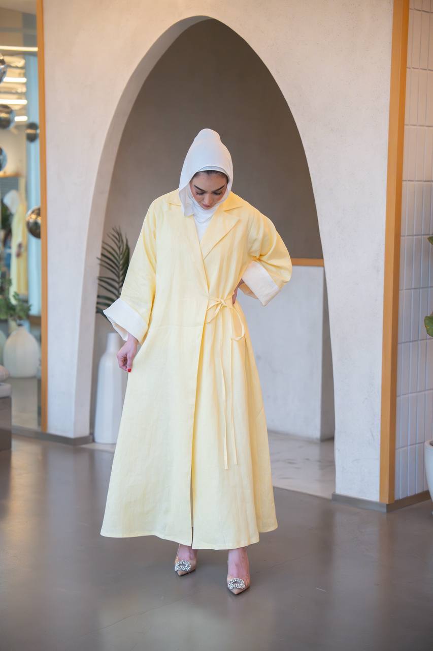 بليزر باللون الاصفر مع طقم داخلي بلوزة حفر و بنطلون ، بخام لينن الطبيعي C:J1037 yellow set