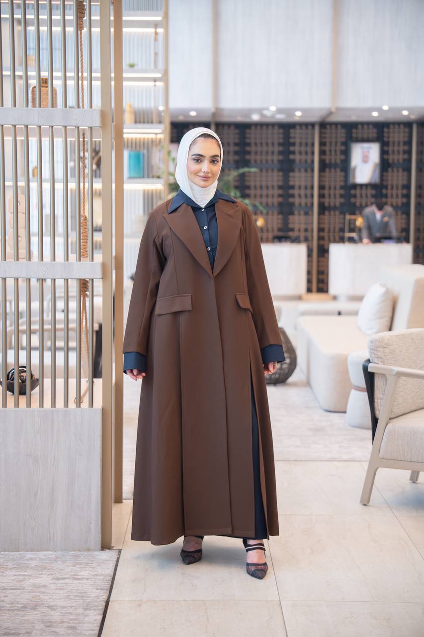 Brown blazer set with navy blue shirt and pants. C:1049 Set