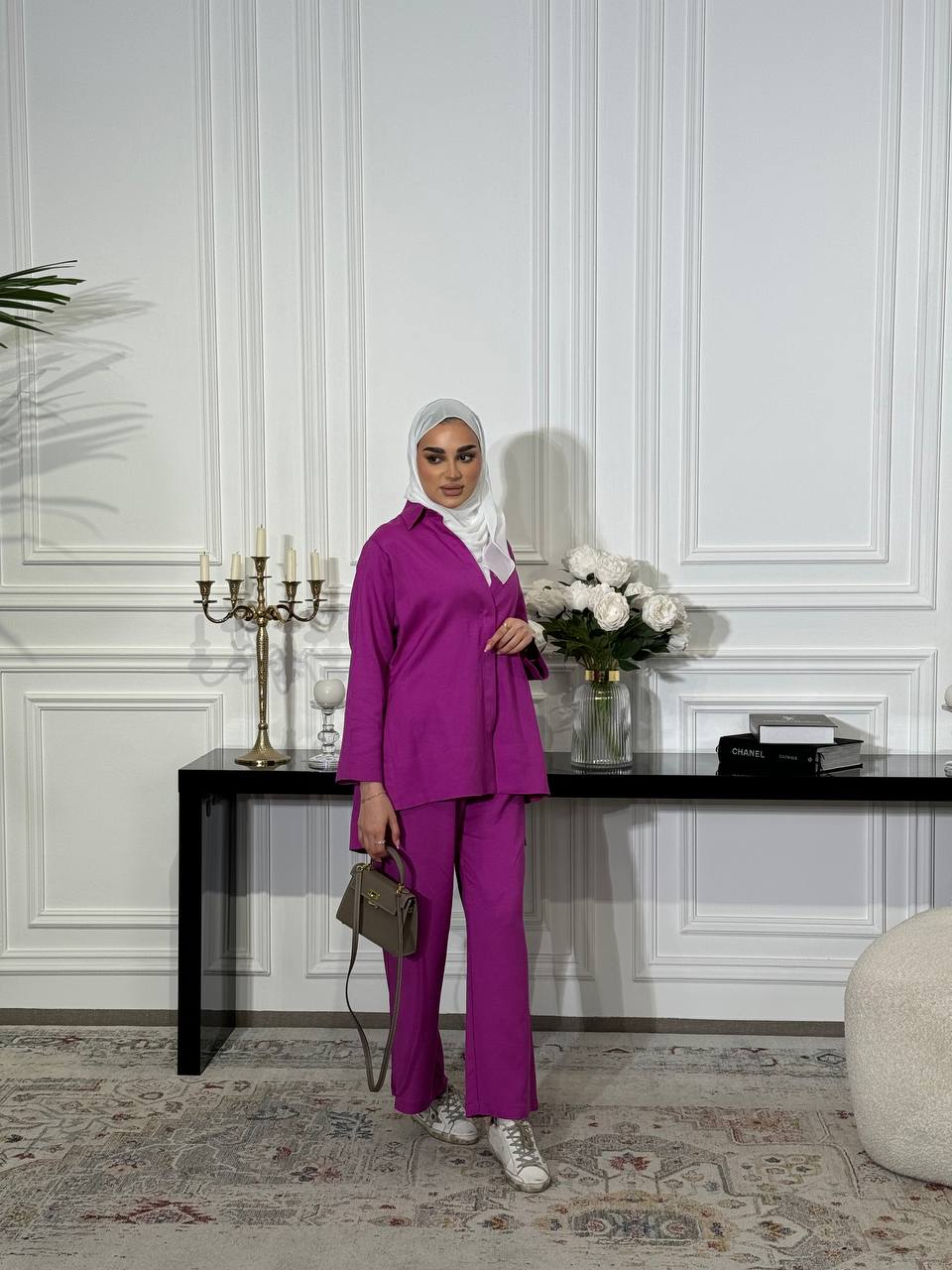 Natural linen set consisting of a shirt and pants in pink C:J6502 Pink