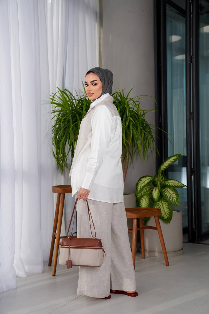 طقم قميص مع بنطلون لينن باللون البيج C:J1012