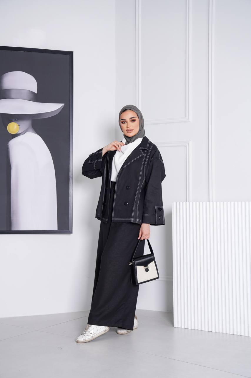 Blazer and pants set, black trench coat fabric C:J1013