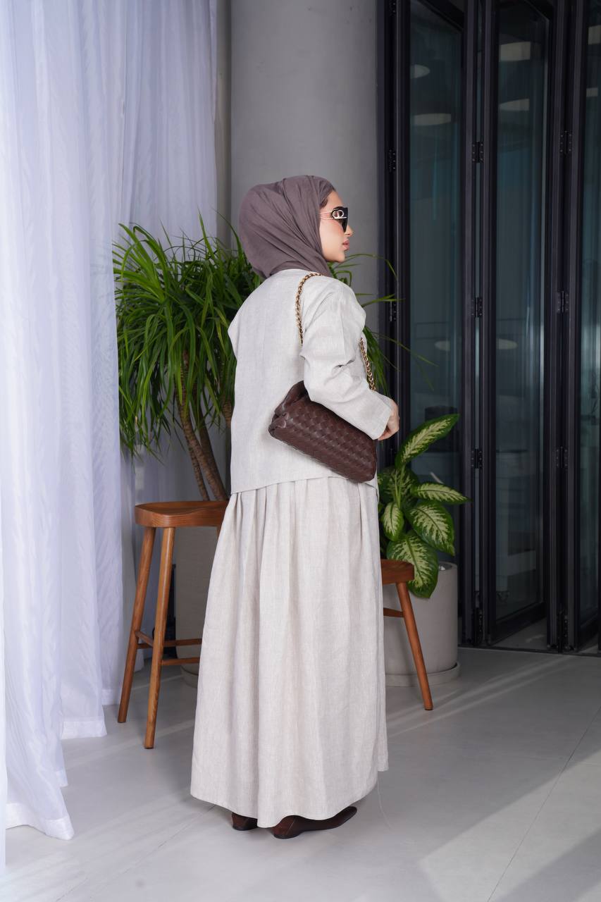 طقم مكون من فيست مع فستان لينن باللون البيج C:J1015 Beige