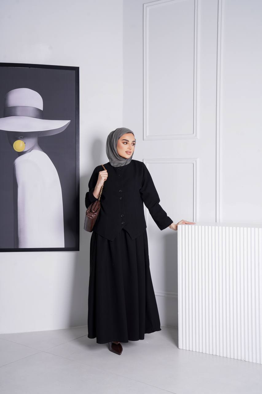 طقم فيست مع فستان بخام كريب باللون الاسود C:J1015 Black