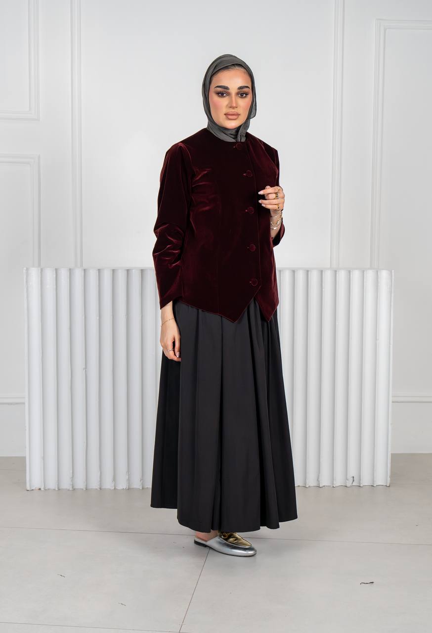 Burgundy velvet jacket set with trench coat skirt C:J1020 burgundy