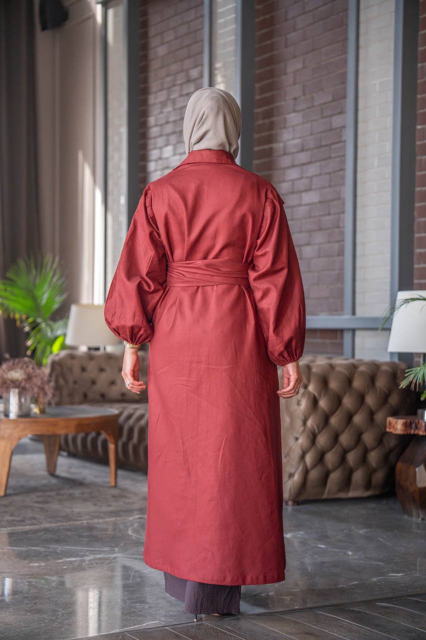 فستان بخام لينن باللون العنابي C:J1027 Burgundy