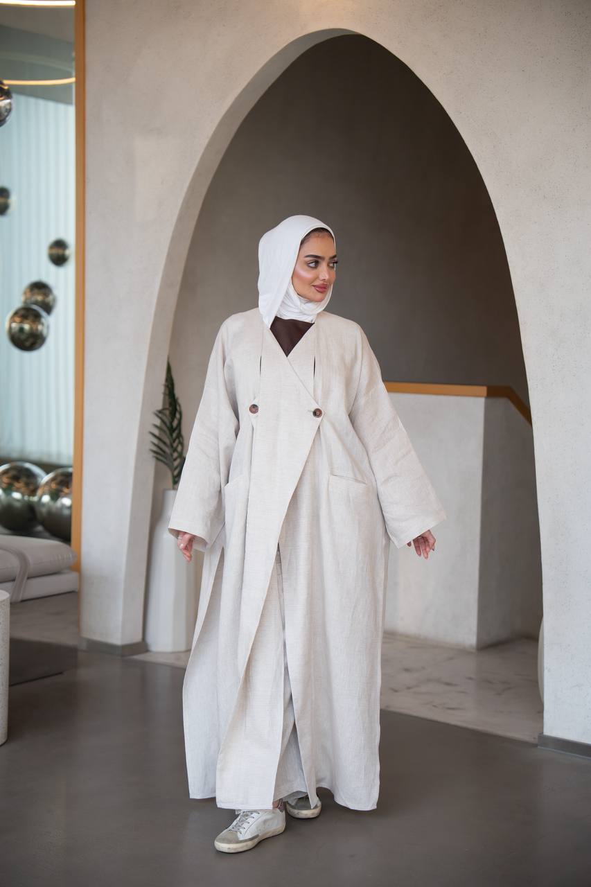 فستان باللون البيج مع طقم داخلي ، بخام لينن C:J1034 Set