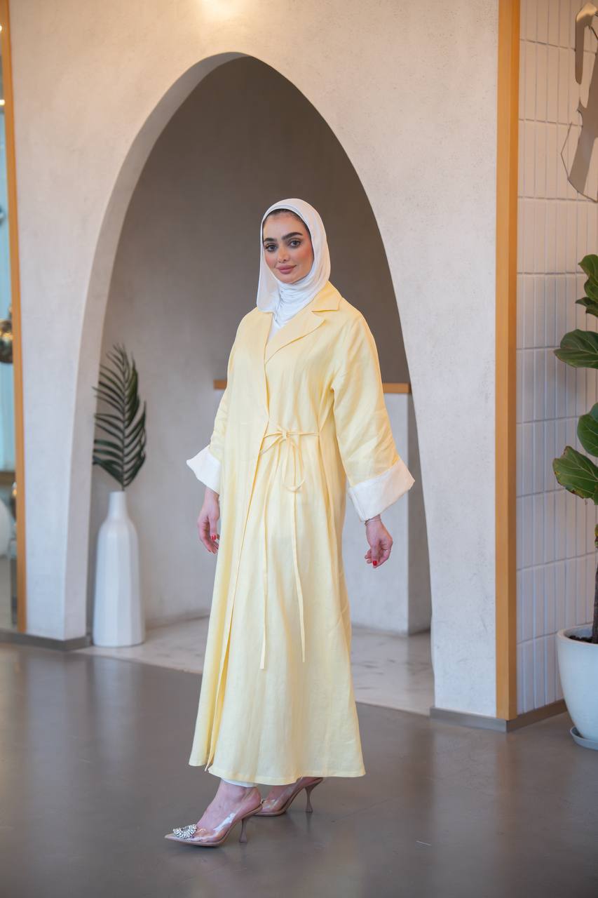بليزر باللون الاصفر مع طقم داخلي بلوزة حفر و بنطلون ، بخام لينن الطبيعي C:J1037 yellow set