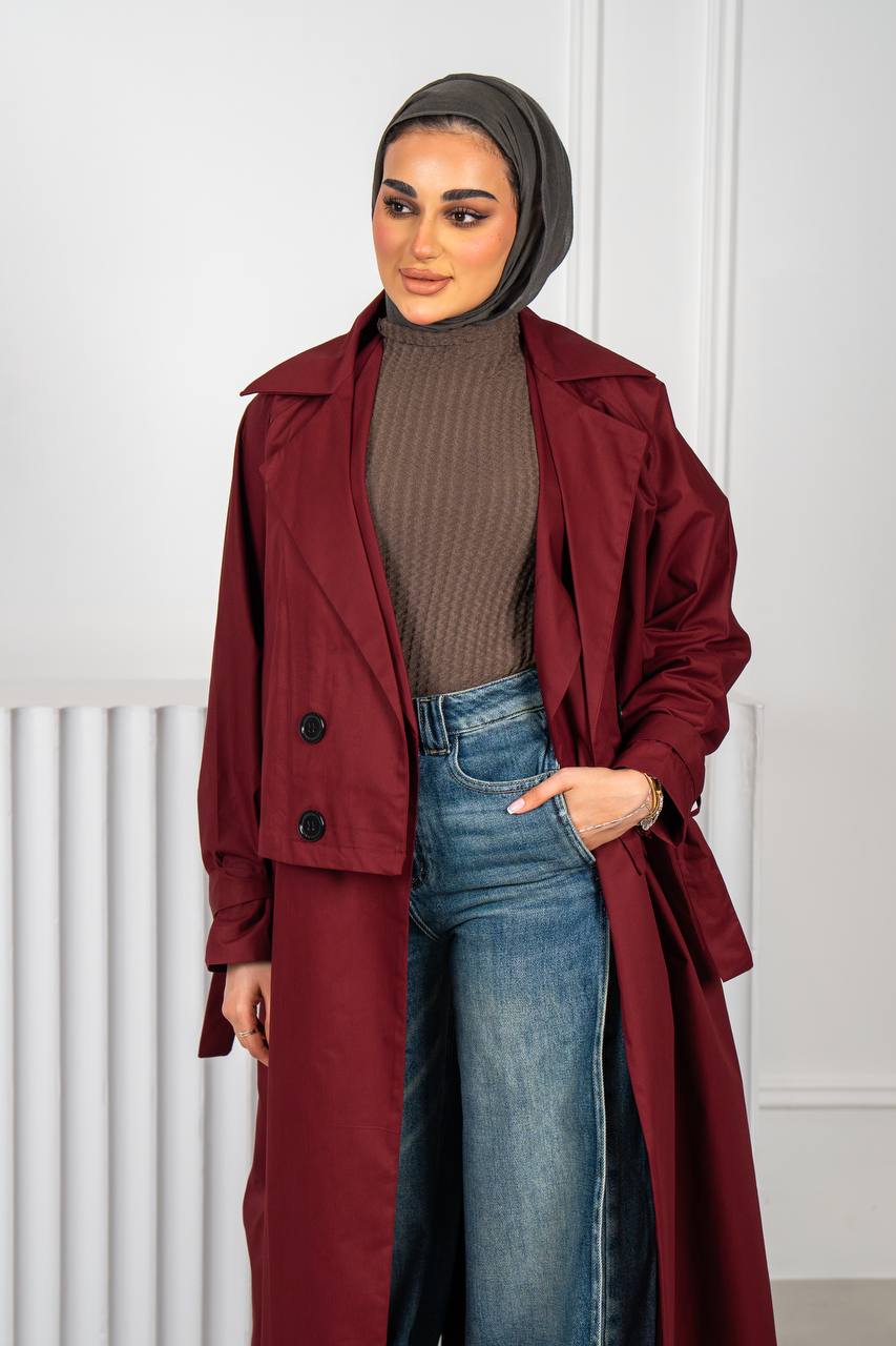 burgundy trench coat.C:J1018 Burgundy
