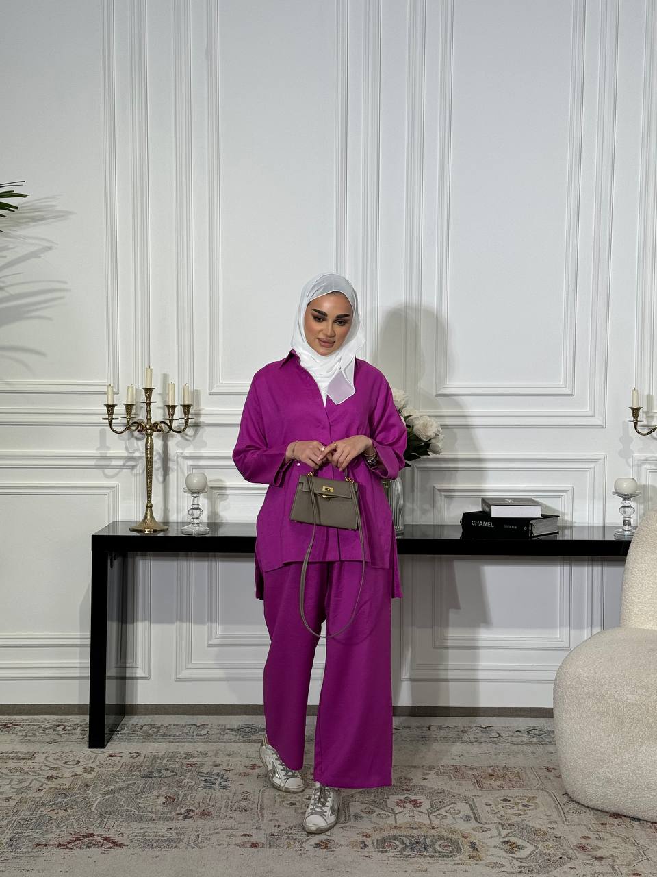 Natural linen set consisting of a shirt and pants in pink C:J6502 Pink