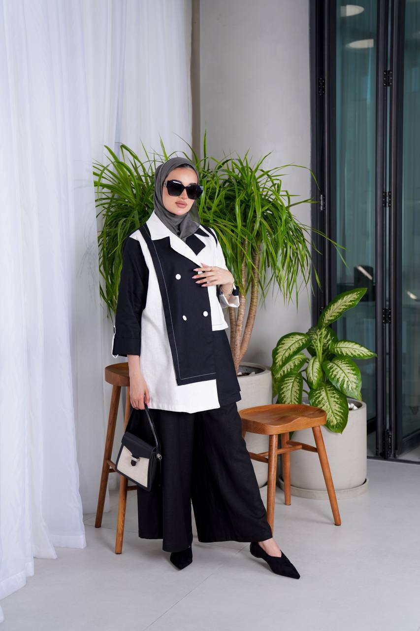 Linen set consisting of a blazer and pants in black and white C:J1010