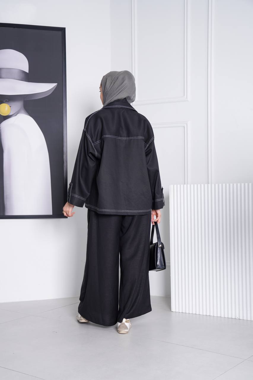 Blazer and pants set, black trench coat fabric C:J1013