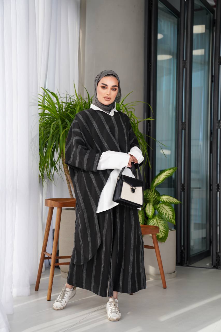 Black striped linen blouse and pants set C:J1014