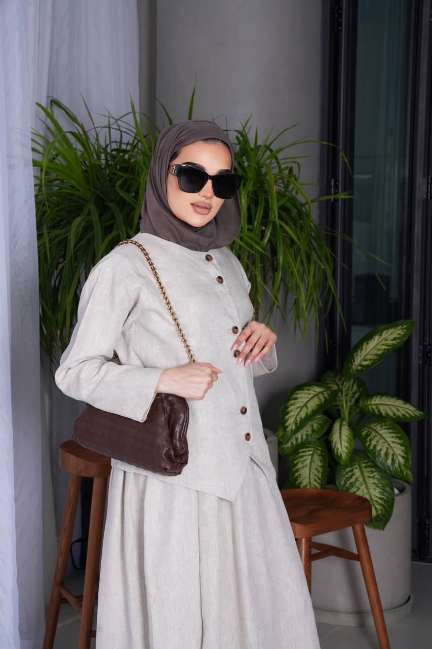 طقم مكون من فيست مع فستان لينن باللون البيج C:J1015 Beige