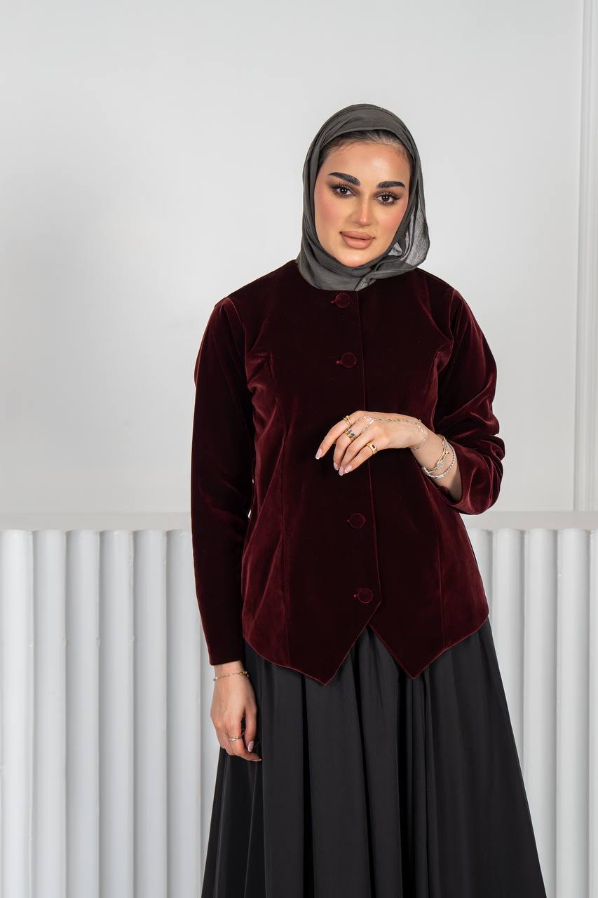 Burgundy velvet jacket set with trench coat skirt C:J1020 burgundy