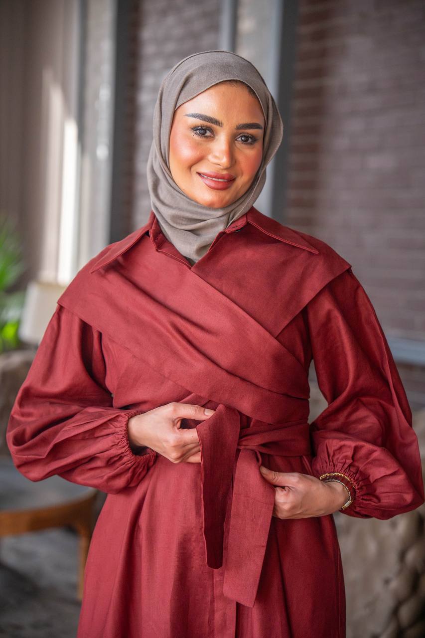 فستان بخام لينن باللون العنابي C:J1027 Burgundy