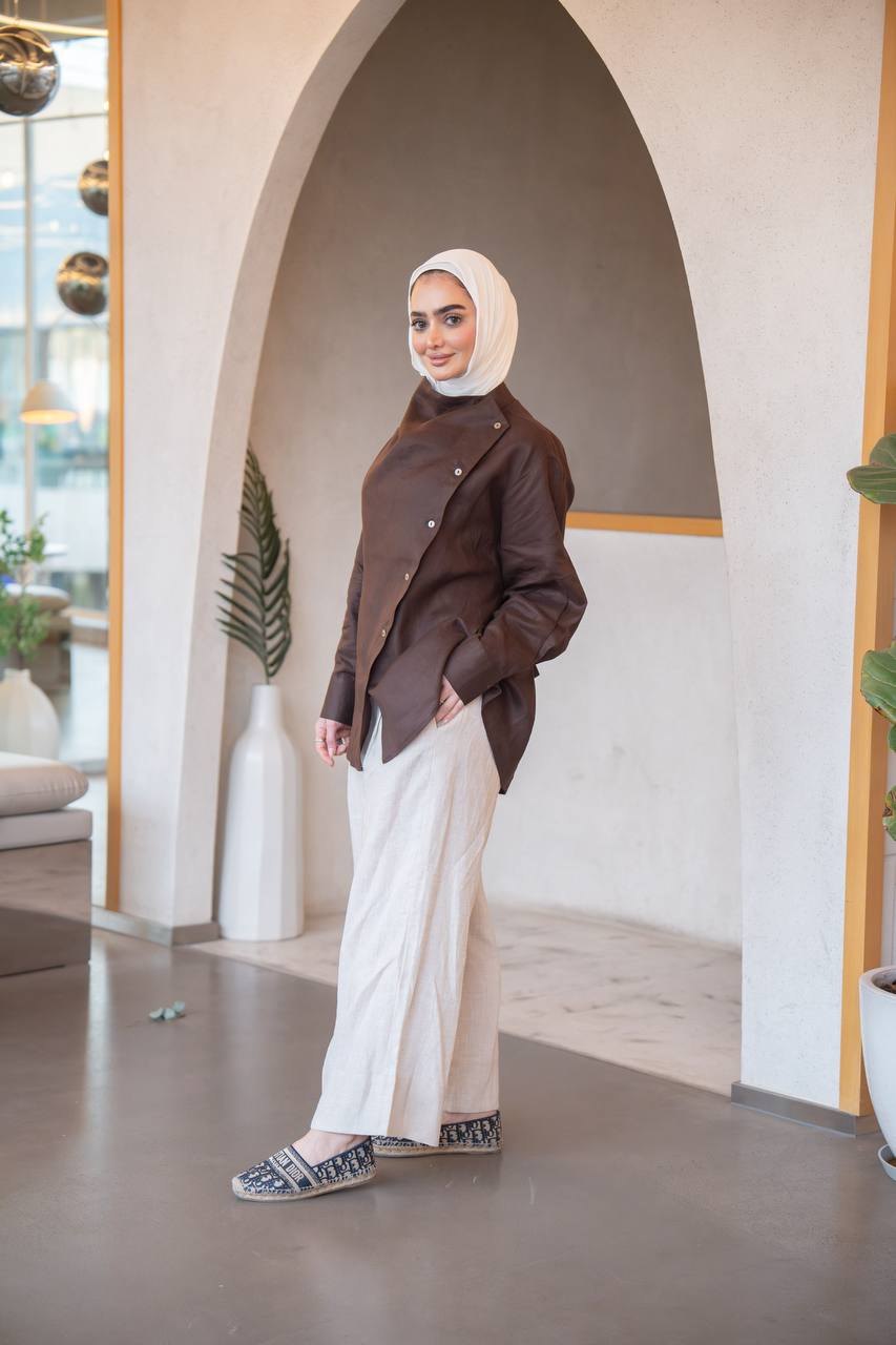طقم قميص باللون البني مع بنطلون ، بخام لينن C:J1036 Brown