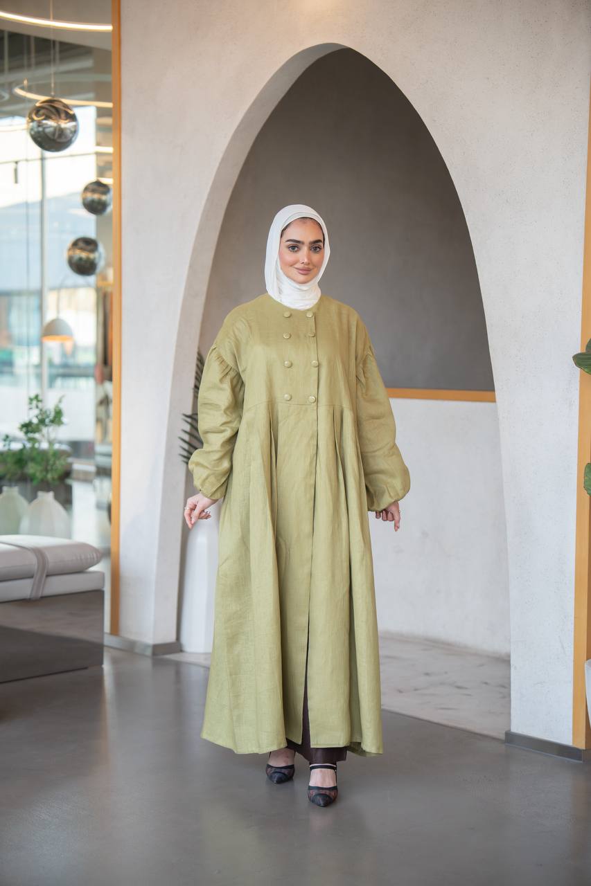 pistachio linen dress PISTACHIO LINEN PLEAT BOW DRESS S