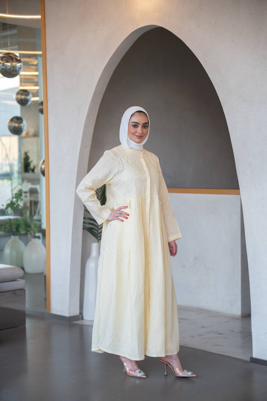 Distinctive butter yellow linen dress C:J1039 Yellow