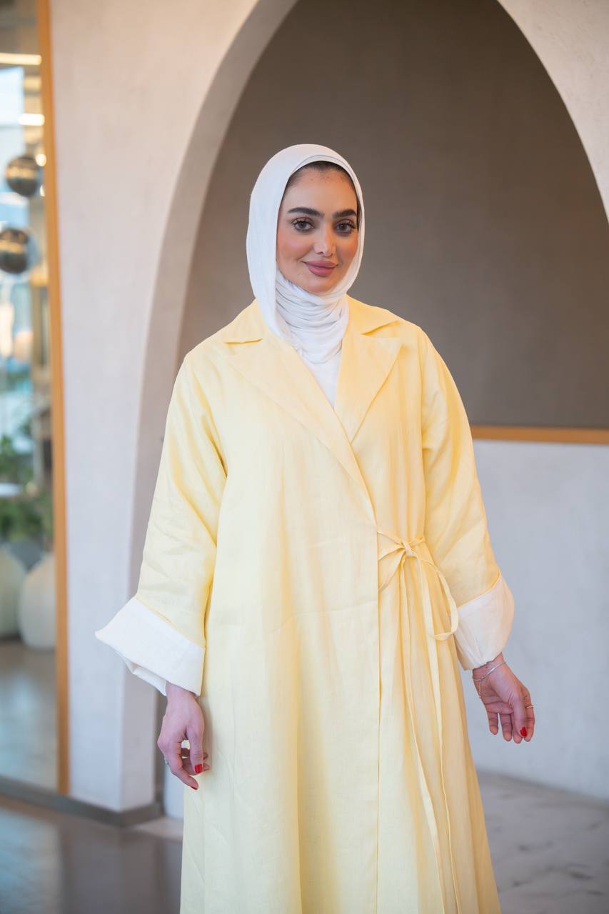 بليزر باللون الاصفر مع طقم داخلي بلوزة حفر و بنطلون ، بخام لينن الطبيعي C:J1037 yellow set