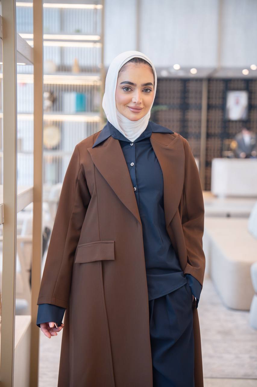 Brown blazer set with navy blue shirt and pants. C:1049 Set