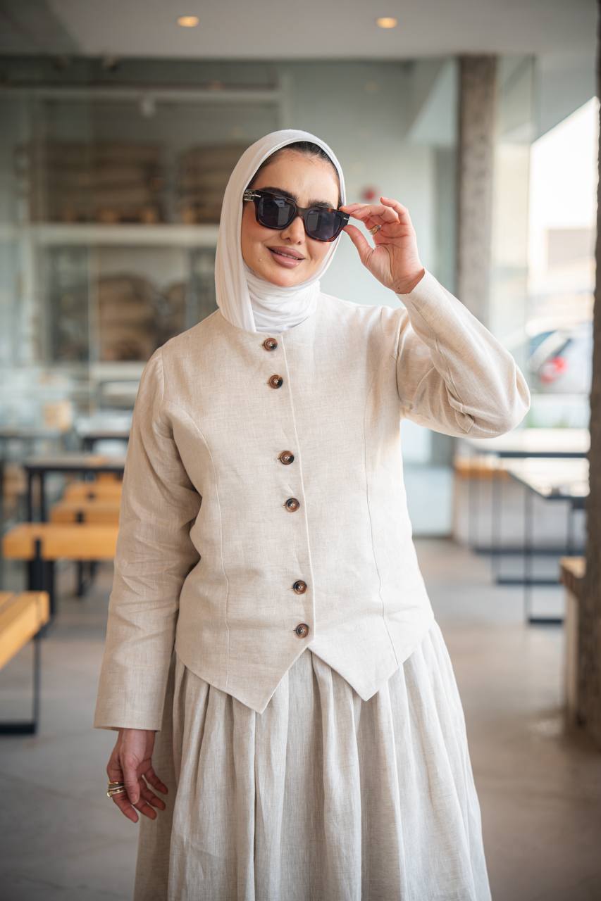 Beige Linen Dress and Vest Set C:J1015