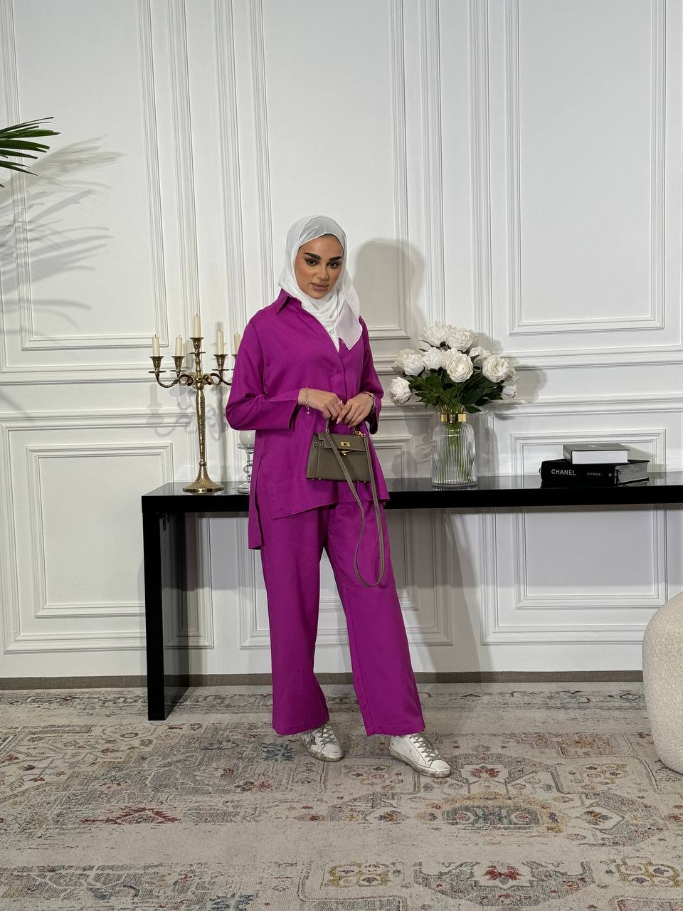 Natural linen set consisting of a shirt and pants in pink C:J6502 Pink
