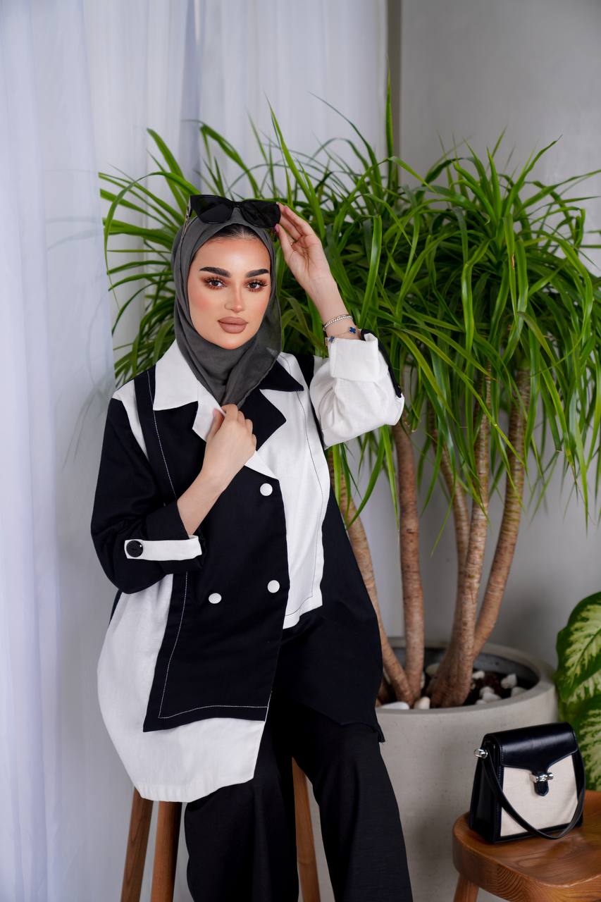 Linen set consisting of a blazer and pants in black and white C:J1010
