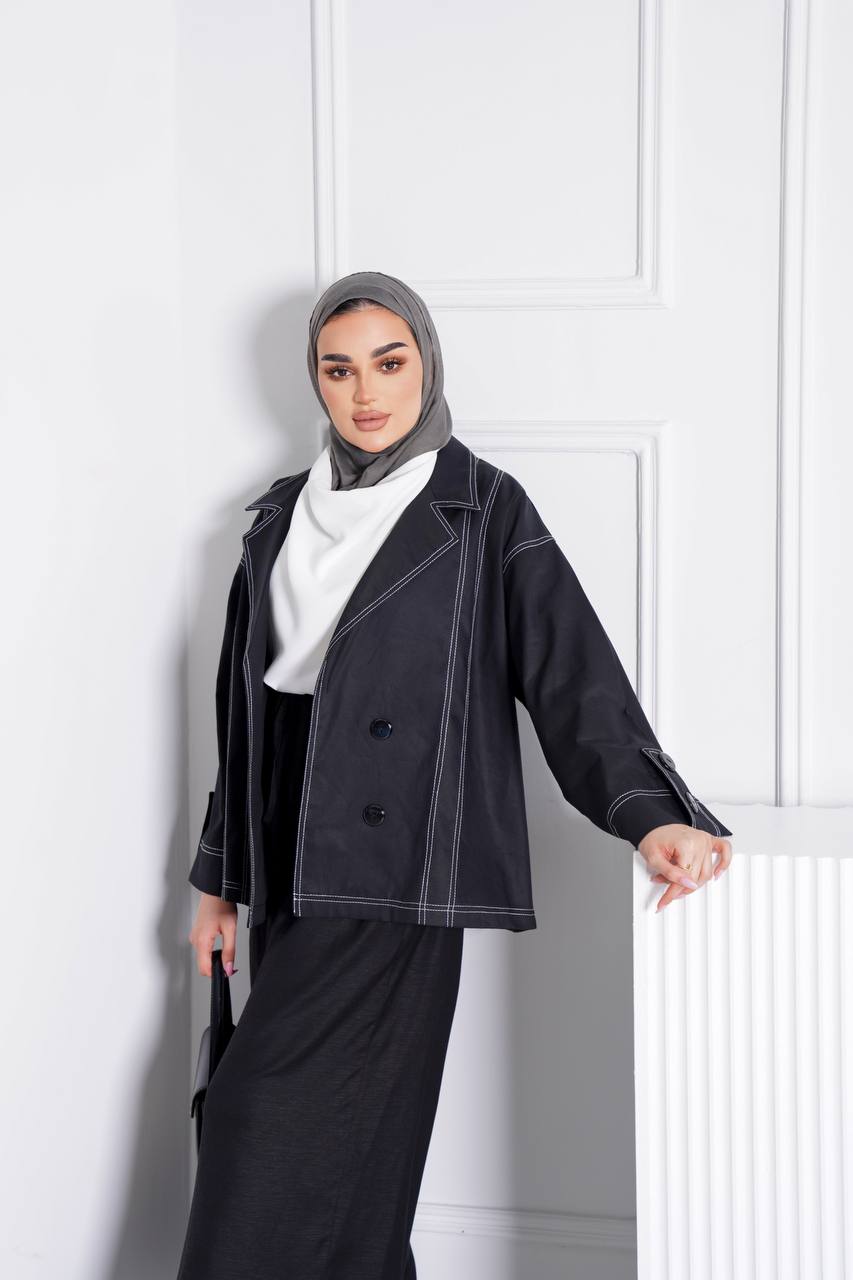 Blazer and pants set, black trench coat fabric C:J1013