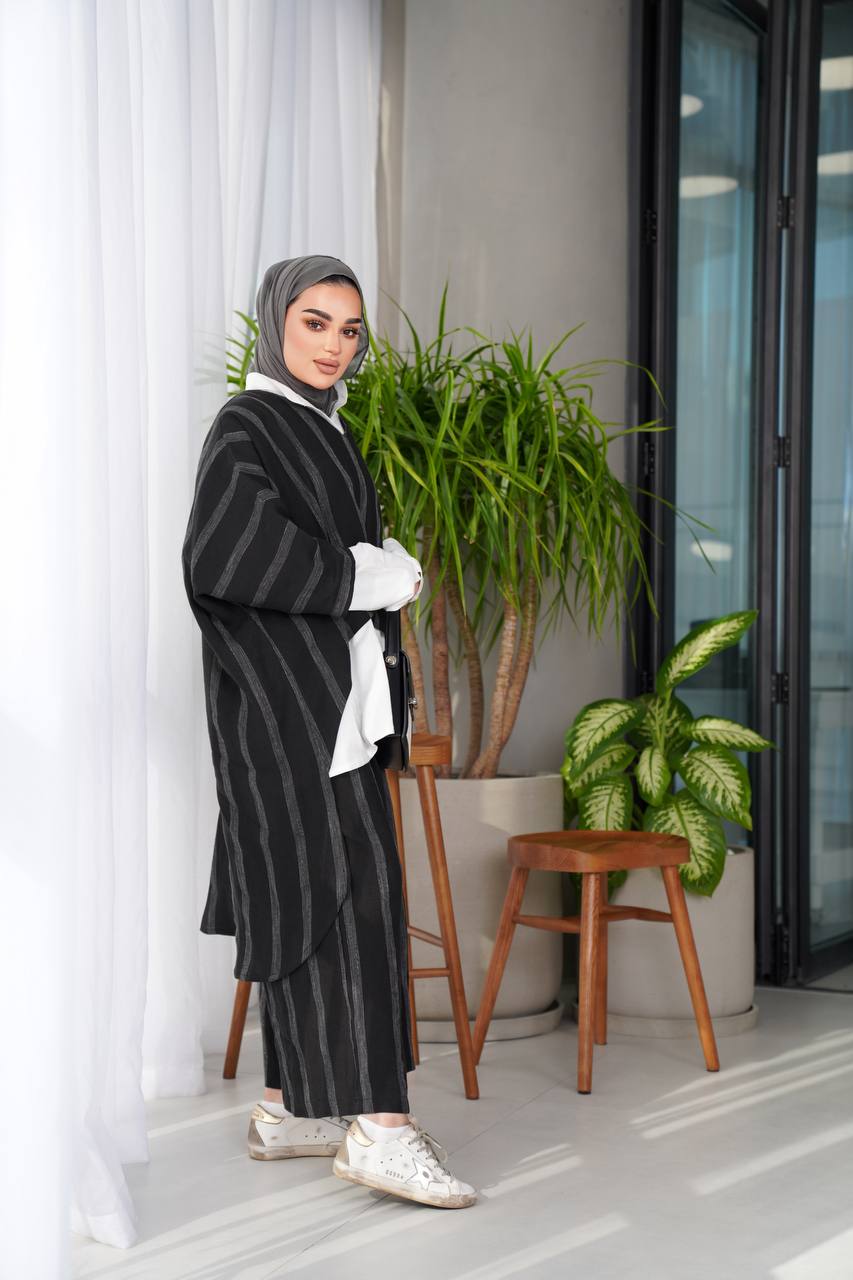 Black striped linen blouse and pants set C:J1014
