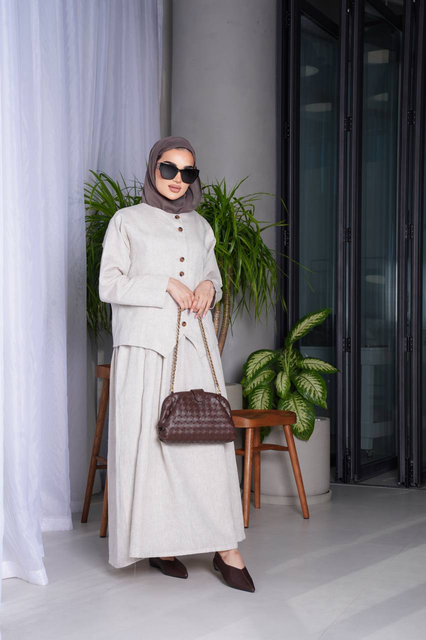 طقم مكون من فيست مع فستان لينن باللون البيج C:J1015 Beige