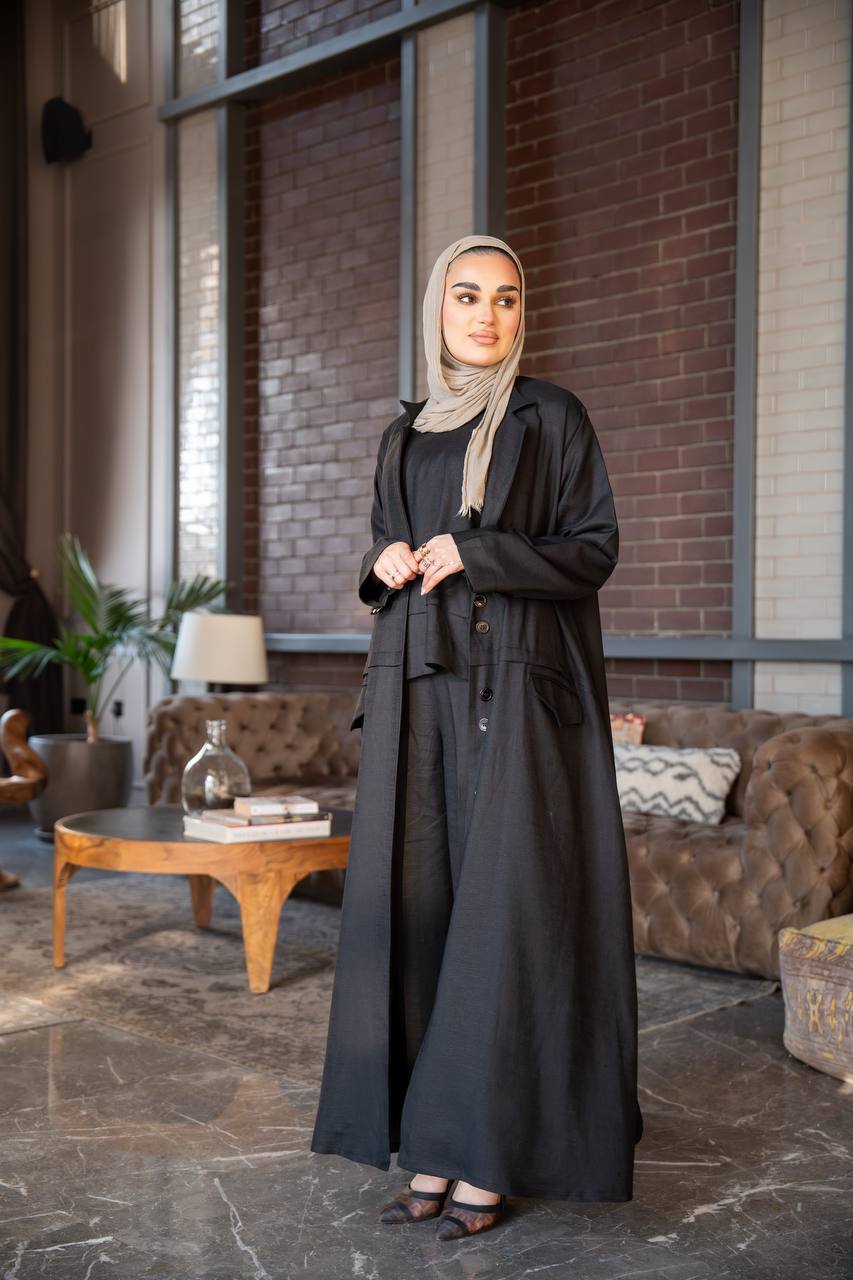 Black vest and inner set, made of natural linen C:J1021 Black set