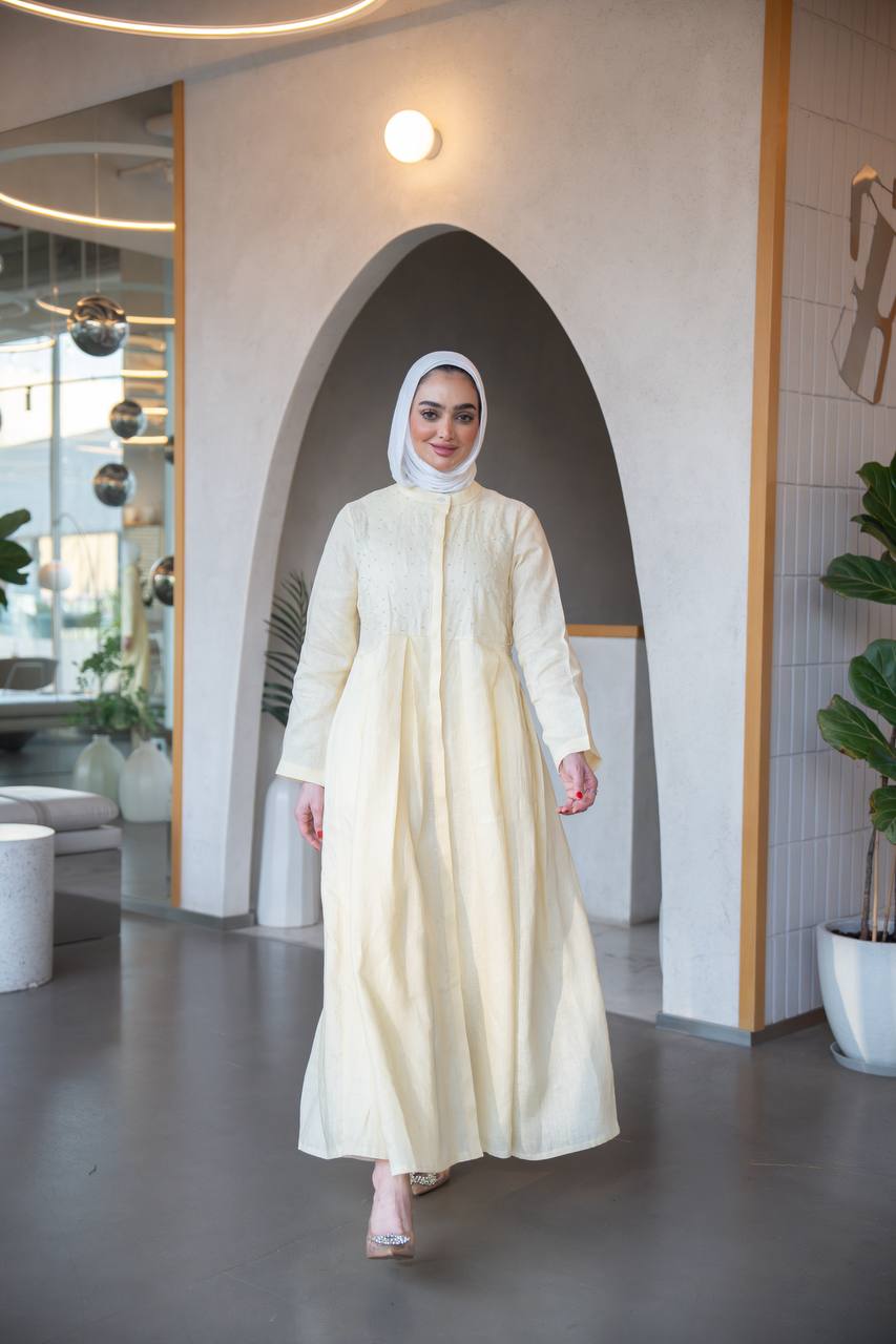 Distinctive butter yellow linen dress C:J1039 Yellow